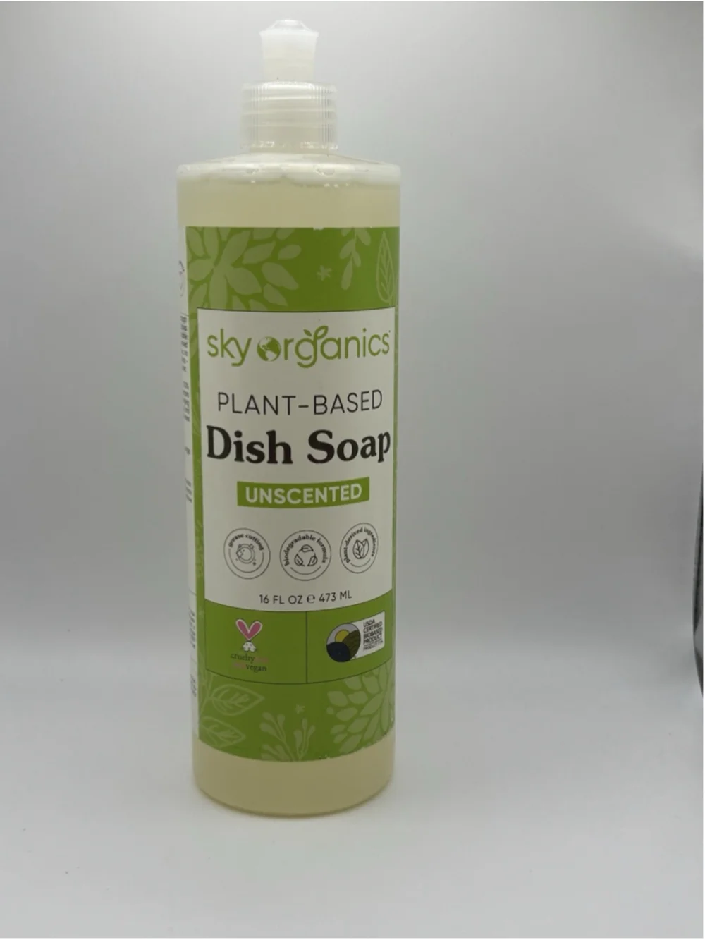 Sky Organics Plant-Based Vegan Unscented Dish Soap, 16 fl oz New